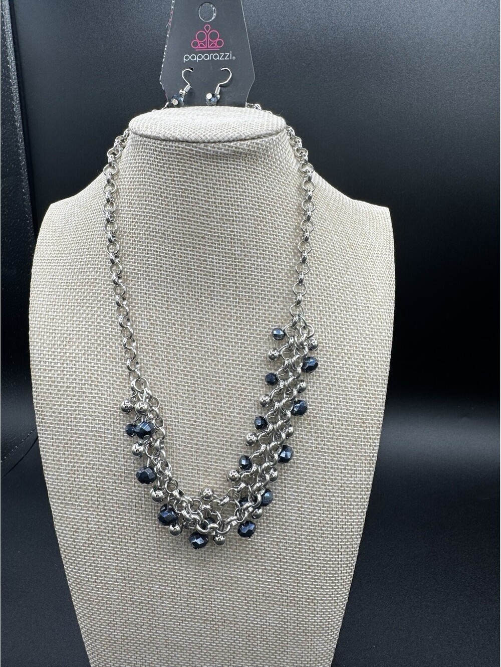 Paparazzi Gunmetal Multi Strand Beaded Necklace Set Blue Gray Crystal NWT